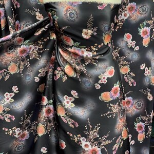 1m  charmeuse smooth satin floral  print black  multi colour  dress fabric 58&quot; wide