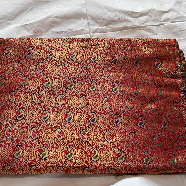 1m  red gold multi colour paisley floral  desigen metalic jamawar banarsi jacquard borcade 44” wide fabric