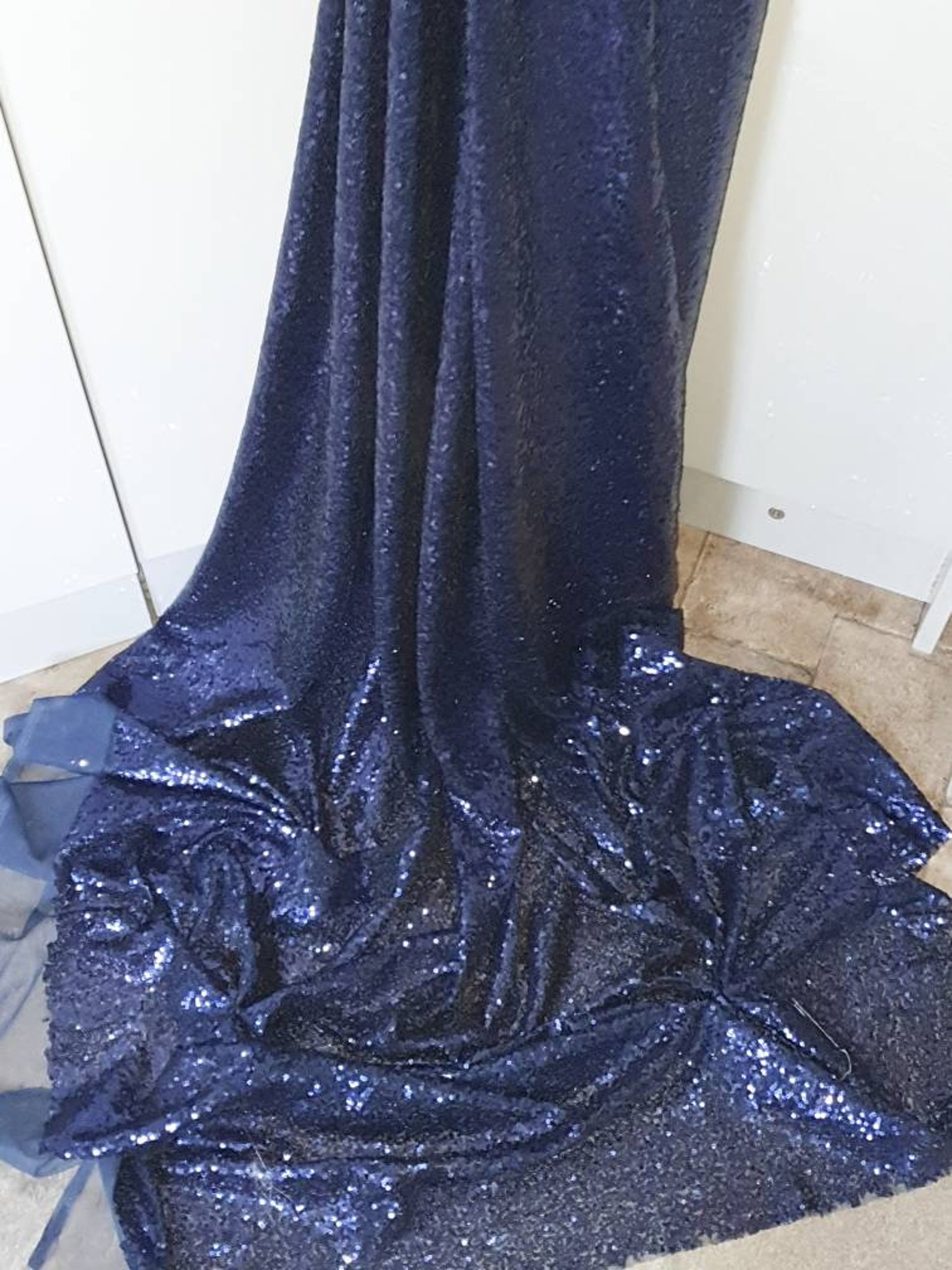 Navy Sequin & Beads On Chiffon JEC-051 Fabric main image 1