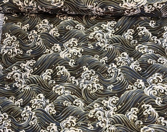1 m Japonês Oriental preto folha de ouro ondas laranja vermelho cor 58" LARGURA