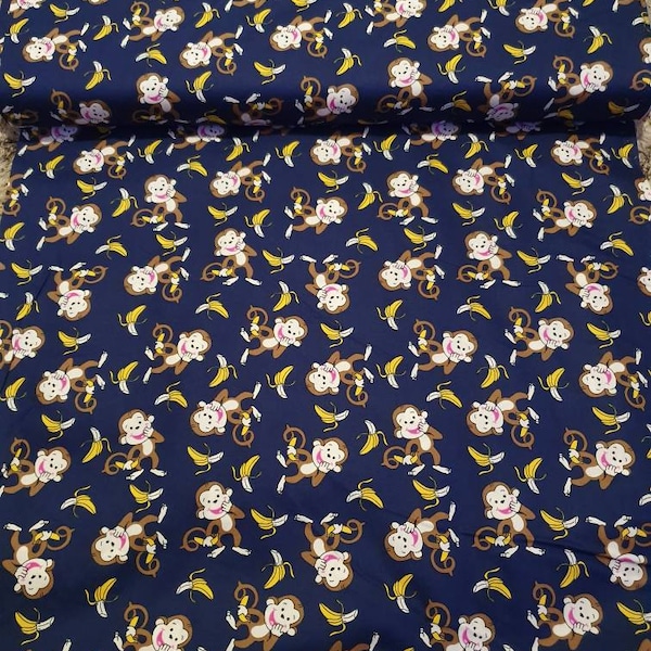 1m navy  brown   monkey banana print  100% cotton 45" wide