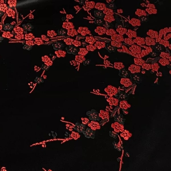 1 m de tissu Shanghai oriental rouge noir multicolore fleurs chinoises, 45 pouces de large