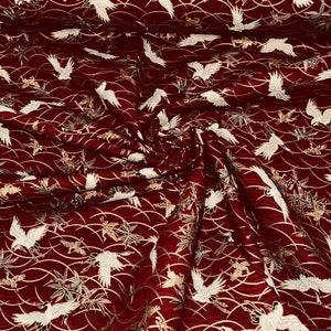 1m Japanese Oriental maroon gold multi colour foil crane bird printed  58"  WIDE