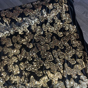 Black Velvet Fabric Gold Sequin Embroidery, Two-Way Stretch (58&quot;)