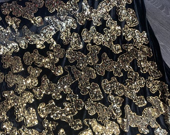 1m black gold sequin velvet fabric  soft smooth velvet Stretch with all over sequins embroidery two way Stretch fabric 58"