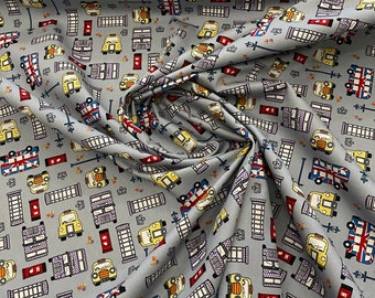 1m cinza multicolorido Londres estampa bandeira de táxi estampa de ônibus 100% algodão 45 largura