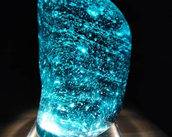 Blue andara crystal with natural bubble inside, include base lamp 3,5 kg polished