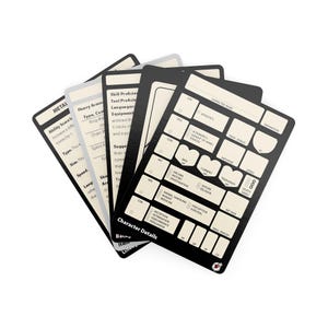 May include: A stack of black and off-white character sheets for a tabletop role-playing game. The sheets have various sections for stats, skills, and character details. The text includes "Character Details", "Ability Score", and "Speed".