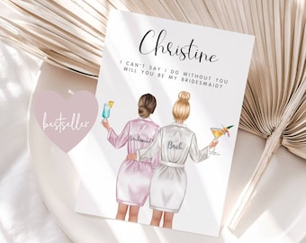 Könnte beinhalten: Eine weiße Karte mit dem Text "Christine Ich kann nicht Ja sagen, ohne dich Wirst du meine Brautjungfer?" und einer Illustration von zwei Frauen in Roben, eine hält ein Glas Champagner und die andere einen Cocktail.