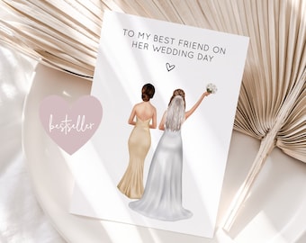 Könnte beinhalten: Eine weiße Karte mit dem Text "To my best friend on her wedding day" und einer Zeichnung von zwei Frauen in Hochzeitskleidung. Die Frau links trägt ein gelbes Kleid und die Frau rechts ein weißes Kleid. Die Karte hat einen rosa Herzaufkleber mit dem Wort "Bestseller" darauf.