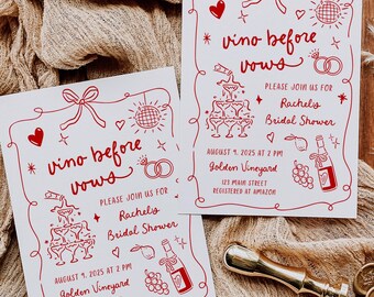Vino Before Vows Bridal Shower Invitation Template | Winery Wine Tasting Bridal Shower Invite | Hand Drawn Doodle Editable Download