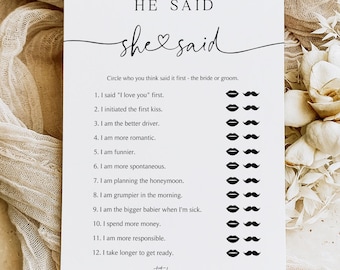 He Said She Said Bridal Shower Game, Guess Who Said It Wedding Game, Bachelorette Party Game, Printable Game Card,  Editable Template, B2