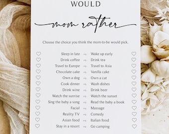 Would Mom Rather Baby Shower Game, Would She Rather Baby Shower Game, Who Knows Mommy Best Game, Simple Baby Shower, A4