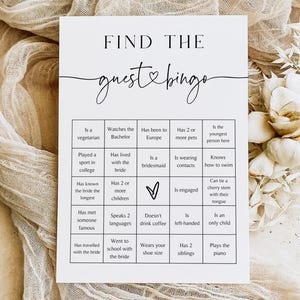 Bingo para encontrar invitados, bingo para despedidas de soltera, juego minimalista para despedidas de soltera, plantilla editable, descarga instantánea, B2