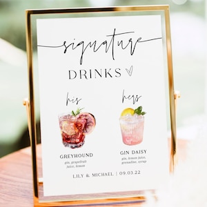 Wedding Signature Drink Sign, Custom His and Hers Cocktails, Bride and Groom Bar Menu, Editable Wedding Cocktail Template