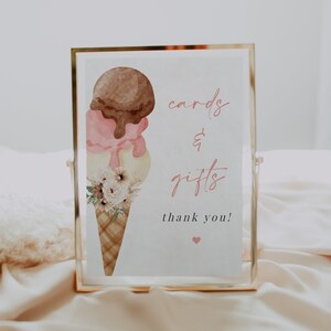 Tarjetas de helado y letrero de regalos, letrero de tarjetas de helado floral, letrero de ducha de regalos de helado, letrero de despedida de soltera, letrero de fiesta de helado, IC1