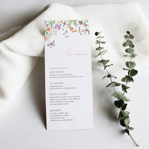 Wildblumen-Menüvorlage, bearbeitbares Menü, Wildblumen-Hochzeitsmenü, Blumen-Brautdusche-Menü, Frühlings-Brautdusche, Junggesellinnenabschied, Blume