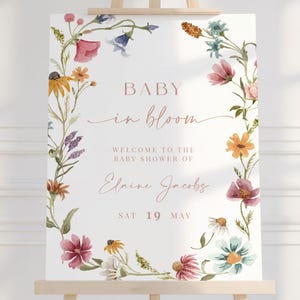 Wildflower Welcome Baby Shower Sign, Baby in Bloom Party Sign, Pink Spring Floral Baby Shower Printable Template, Garden Baby Shower