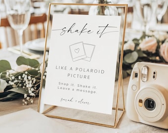 Schütteln Sie es wie ein Polaroid-Bildzeichen, minimalistisches Polaroid-Hochzeitsschild, modernes Foto-Gästebuch, bearbeitbare Canva-Vorlage, D1