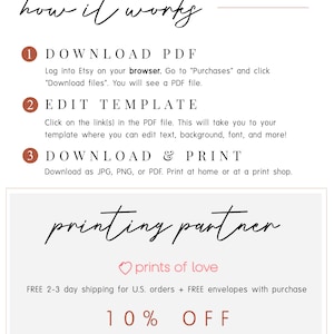 May include: A white graphic with instructions on how to download, edit, and print a PDF template. The text includes "JuneBloomPaperie.etsy.com", "how it works", and "printing partner". The image also features a "prints of love" logo and a 10% off promotion.