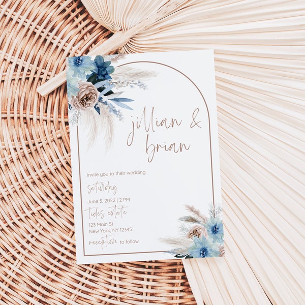 Blue Boho Wedding Invite, Blue Pampas Wedding Invitation, Floral Wedding Card, Spring Boho Wedding, Modern Wedding Invite, Editable, P2