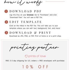 May include: A white graphic with the text "how it works" and numbered steps for downloading, editing, and printing a PDF template. The image also includes the text "printing partner" and a discount code for a printing service.