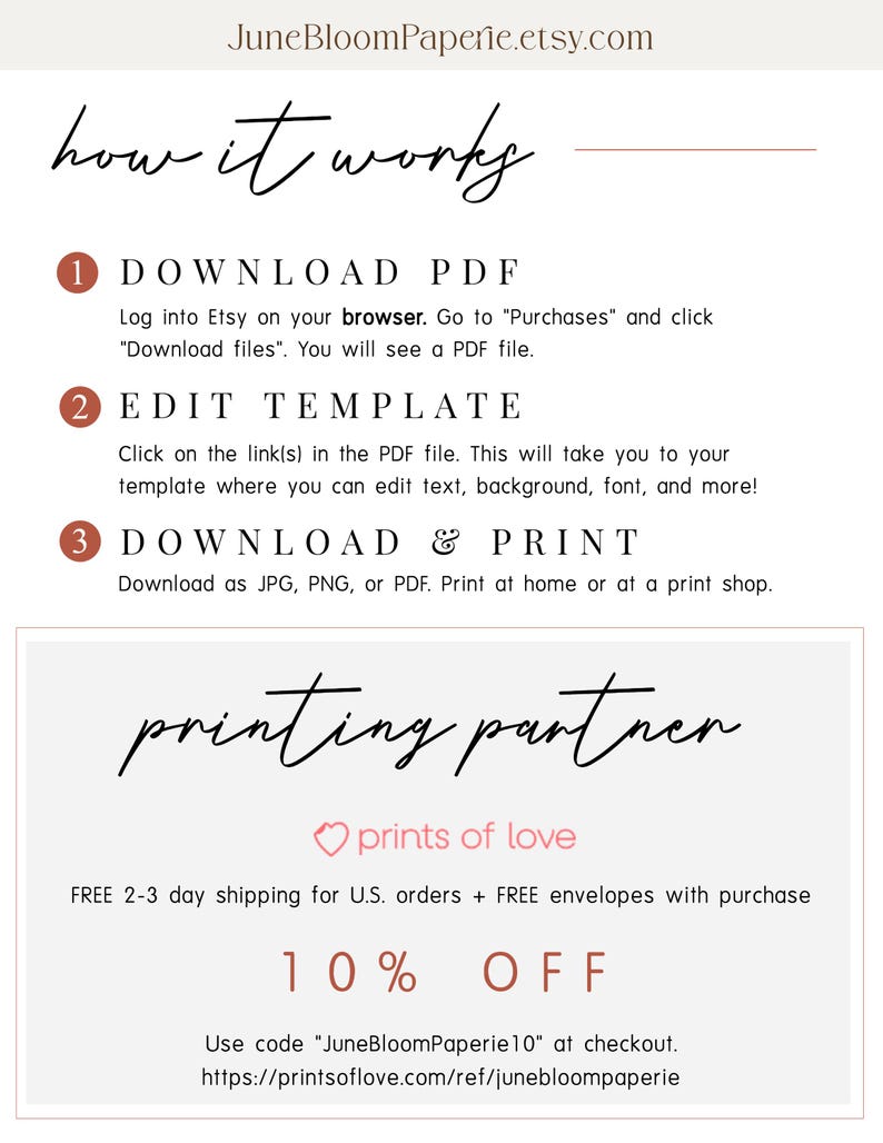 May include: A white graphic with the text "how it works" and numbered steps for downloading, editing, and printing a PDF template. The image also includes the text "printing partner" and a discount code for a printing service.