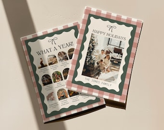 Plaid Christmas Card Template, Gingham Holiday Photo Card, Xmas Year in Review, Modern Rustic Wavy Frame, Happy Holidays Printable, Canva