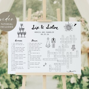 Pode incluir: Uma placa branca em um cavalete com o texto "Sip & Solve" e uma palavra cruzada. A placa inclui os nomes "Monica and Chandler" e a data "08.25.26". A placa tem ilustrações de taças de champanhe, uma bola de discoteca e roupas de casamento.