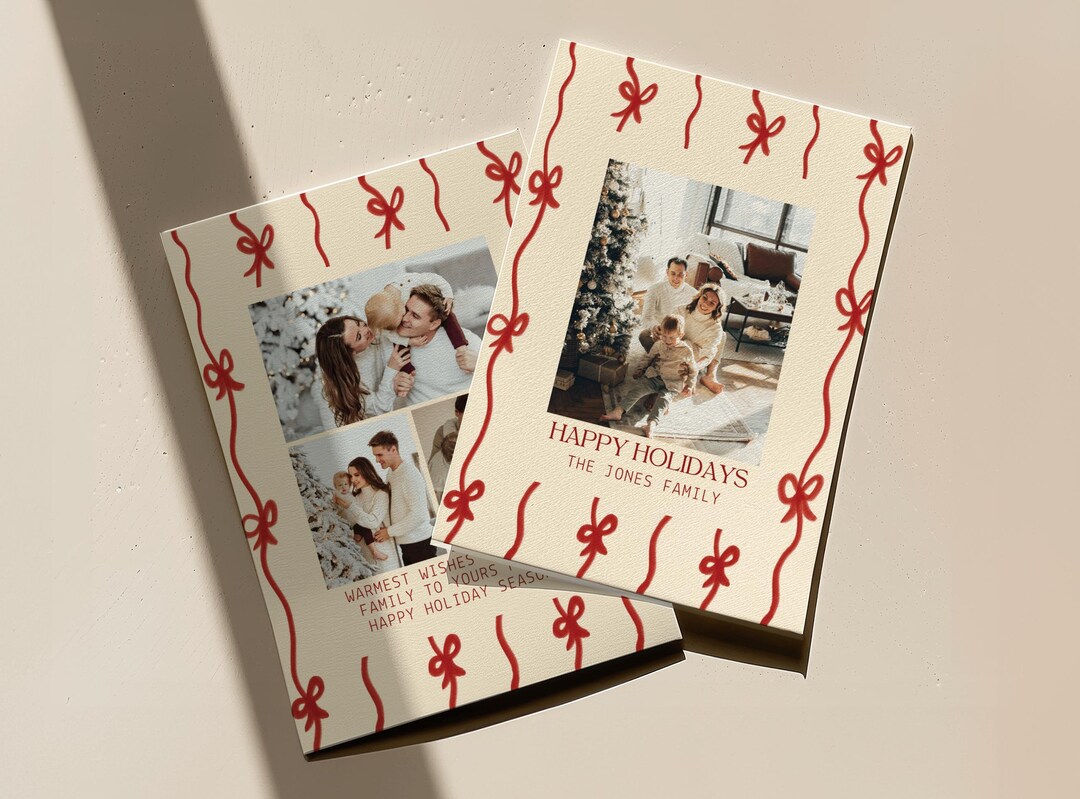 Christmas Family Photo Card Template, Red Hand Drawn Bow Holiday Card ...