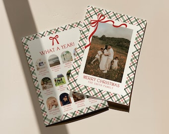May include: Two Christmas cards with a green, red, and white plaid border. One card says "WHAT A YEAR!" with photos of each month. The other card says "MERRY CHRISTMAS" with a family photo.