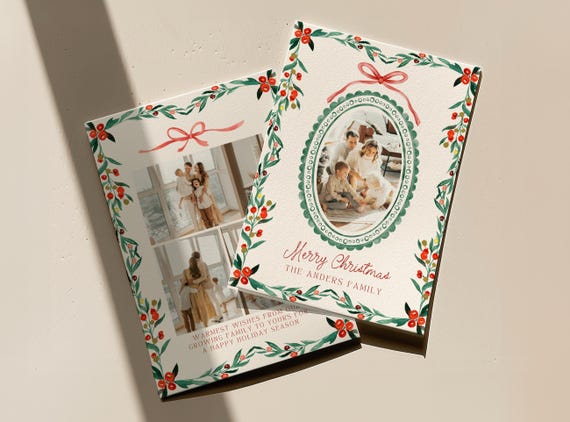 Holiday Photo Card Template, Christmas Family Photo Card Bow Greenery, Editable Canva Family Christmas Card Printable