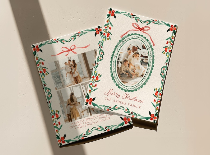 Holiday Photo Card Template, Christmas Family Photo Card Bow Greenery, Editable Canva Family Christmas Card Printable

Share holiday cheer with this Holiday Photo Card Template. This Christmas Family Photo Card with bow and greenery is editable in Canva, making it easy to personalize. A printable Family Christmas Card that’s modern, festive, and perfect for sending warm wishes.