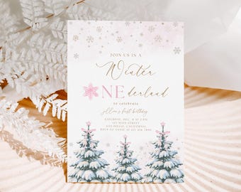 May include: A winter-themed invitation with a pink and gold color scheme. The text reads "Join us in a Winter Wonderland to celebrate Jellion's first birthday." Features illustrations of snowflakes and snow-covered Christmas trees.