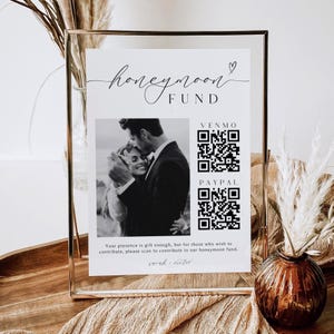 Honeymoon Fund Hochzeitsschild mit QR-Code, Venmo Flitterwochen Wunschschild, Geldgeschenk Hochzeit, Sofort Download, Canva Template, D5