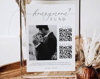 Cartello per matrimonio con fondo luna di miele e codice QR, cartello per auguri luna di miele Venmo, regalo in denaro per matrimonio, download immediato, modello Canva, D5