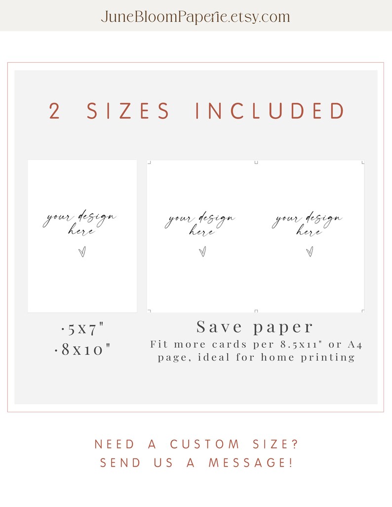 K&ouml;nnte beinhalten: Digitales Druckdesign-Template mit zwei Gr&ouml;&szlig;en: 12,7cm x 17,8cm und 20,3cm x 25,4cm. Das Design zeigt den Text "your design here" und "Save paper" mit Anweisungen f&uuml;r den Heimdruck.