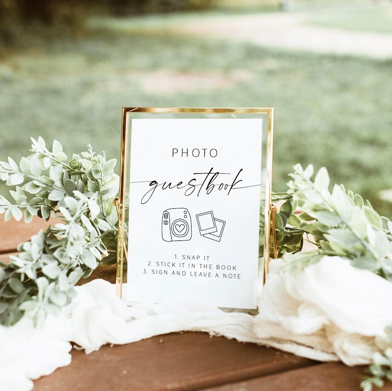 Photo Guest Book Sign, Polaroid Guest Book Sign, Wedding Table Sign, Modern Minimalist Wedding Decor, Snap It Shake It Canva Template