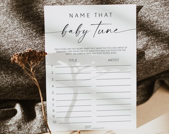 Gra „Nazwij tę melodię dziecka” na baby shower: minimalistyczny baby shower (edytowalny szablon Canva)