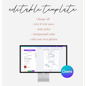 May include: A computer monitor displays a template with the text "editable template." The template allows users to change text, font styles, and background color. The Canva logo is visible. The text "INSTANT ACCESS, DIY WITHIN MINUTES" is also displayed.