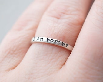 Sterling Silver I Am Worthy Self Love Ring Mental Health Jewelry Gifts for Your Best Friend