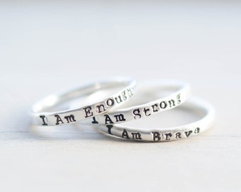 I am Strong I am Brave I am Enough Rings Mantra Ring Mental Health Jewelry Sterling Silver