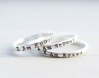 I am Strong I am Brave I am Enough Rings Mantra Ring Strength Ring Sterling Silver