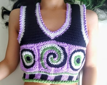 Spooky Spiral & Eyeball Pattern Black Purple Crop Sweater Vest