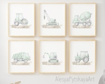 Set of 6 construction trucks, vehicle printable, digital download, Boy nursery wall art, watercolor tractor, truck, roller, crane, excavator