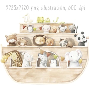 May include: A watercolour illustration of a brown wooden ark with various animals looking out of the windows. The animals include a giraffe, rhino, zebra, penguin, elephant, lion, bear, panda, and more. There are colourful flags and bunting hanging from the ark.