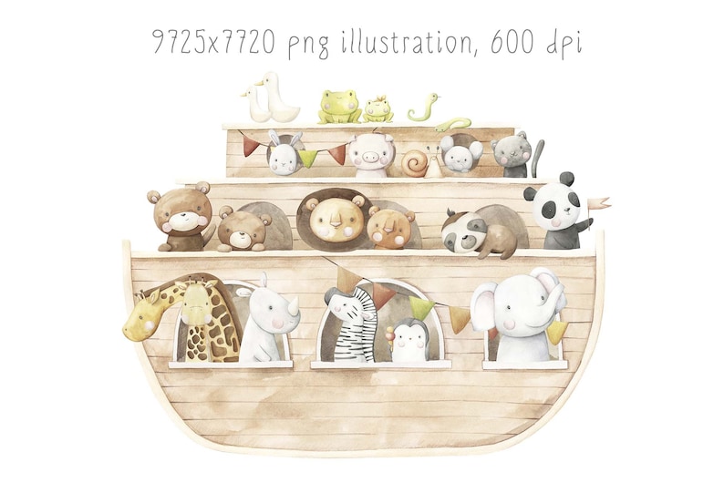 May include: A watercolour illustration of a brown wooden ark with various animals looking out of the windows. The animals include a giraffe, rhino, zebra, penguin, elephant, lion, bear, panda, and more. There are colourful flags and bunting hanging from the ark.