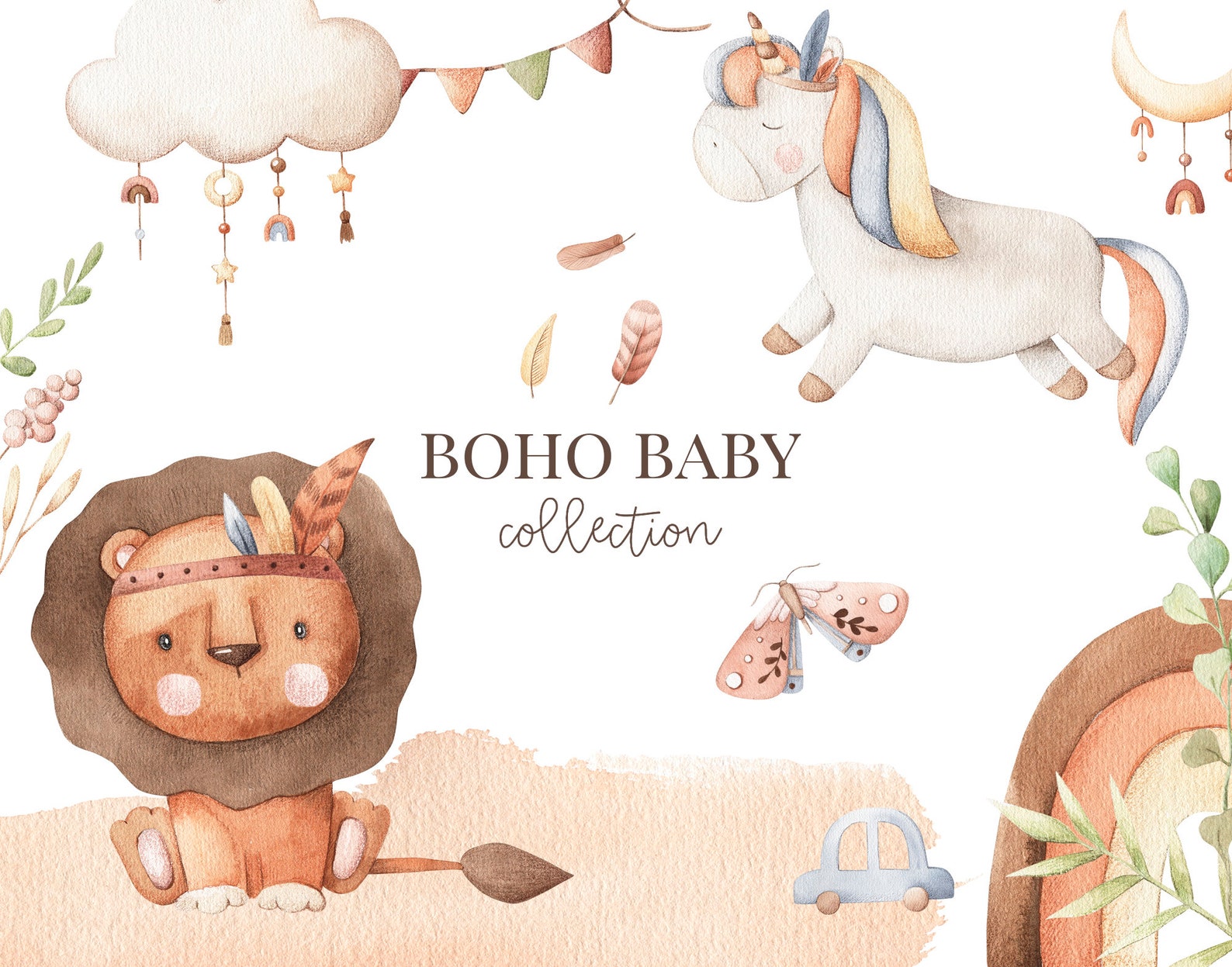 Watercolor Boho Baby Nursery Clipart. Baby Gender Neutral Clip Art Baby ...