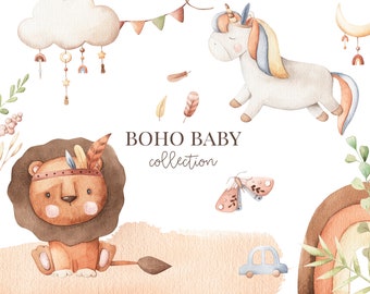 Watercolor Boho baby nursery Clipart. Baby gender neutral clip art  Baby shower birthday invitation nursery art design Digital Download