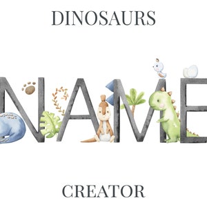 Clipart del creatore del nome dei dinosauri dell'acquerello. Arte del vivaio Dino, decorazione murale.